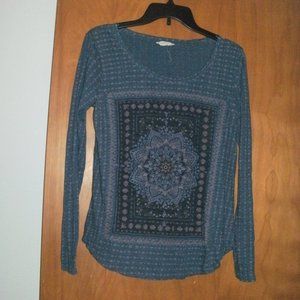 Lucky Brand Lightweight long Sleeve Artsy Boho Ethnic Print Tee T-shirt Top sz M